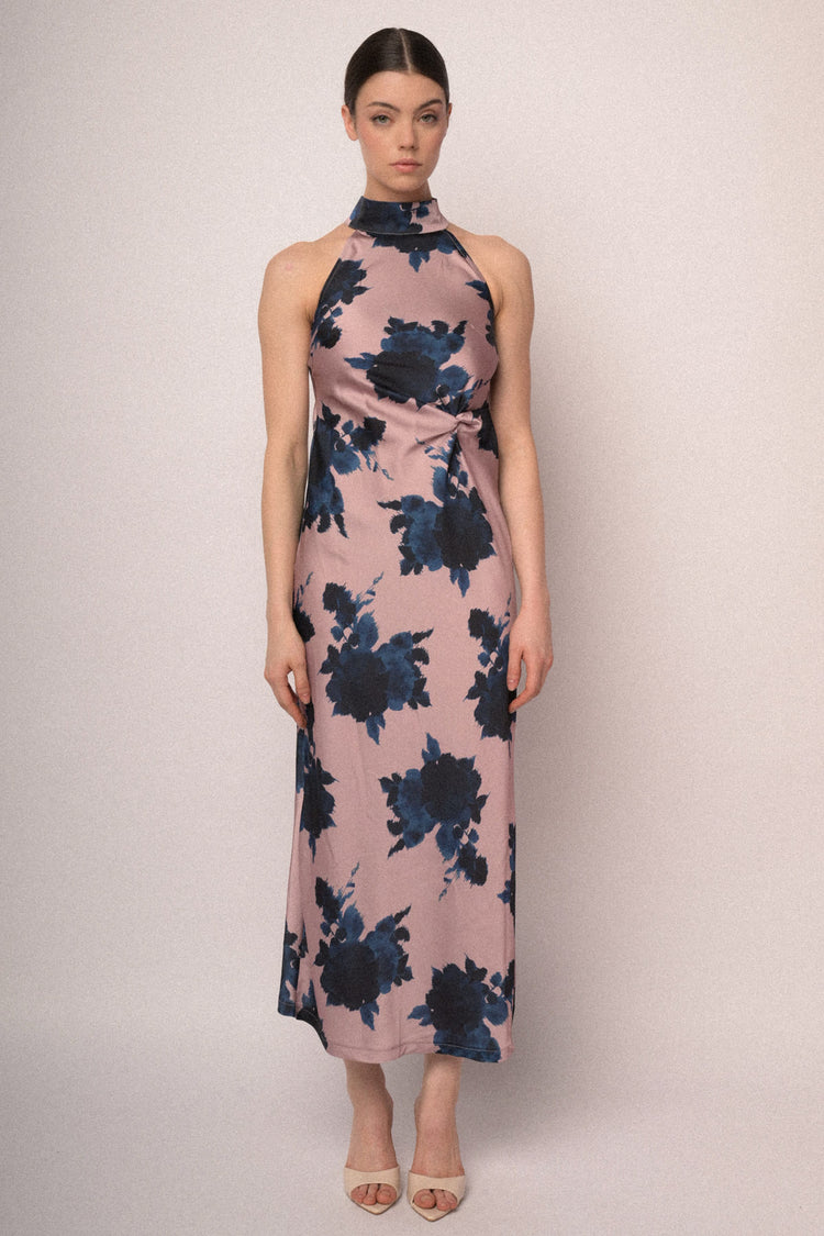Floral print pink satin long dress