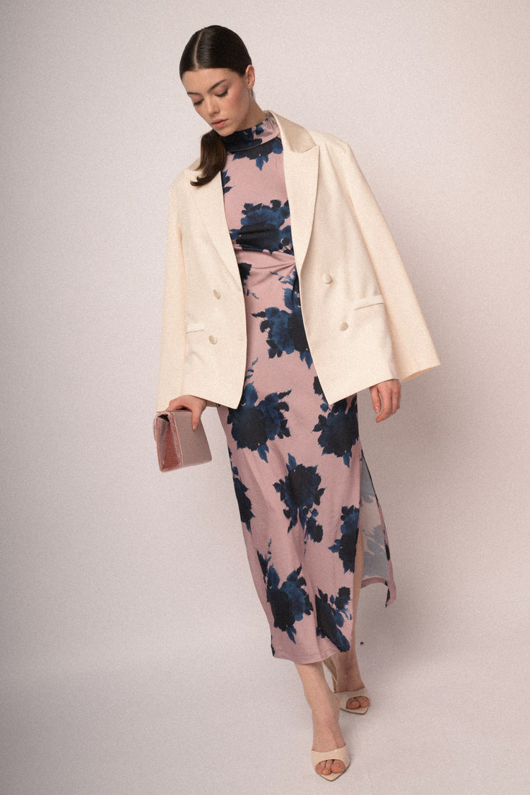 Floral print pink satin long dress