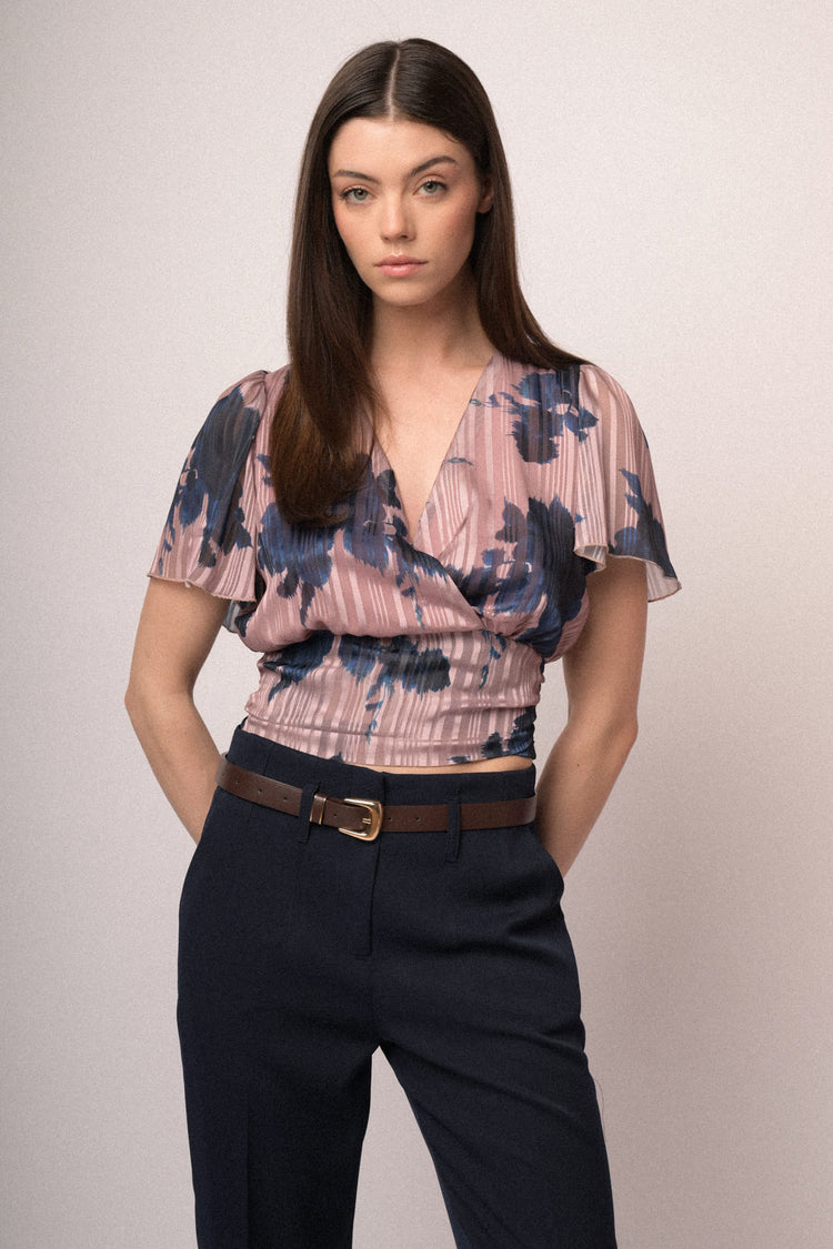Pink floral print lurex georgette top