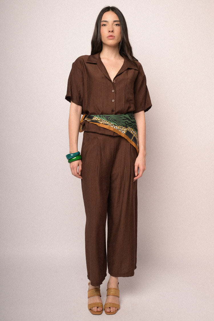 Chocolate crinkled viscose cropped trousers