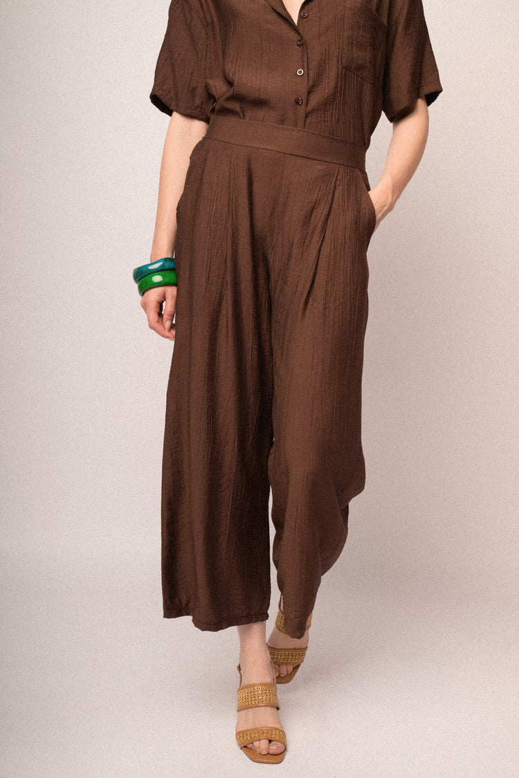 Chocolate crinkled viscose cropped trousers