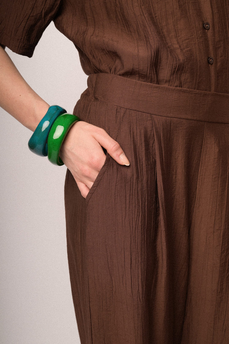 Chocolate crinkled viscose cropped trousers