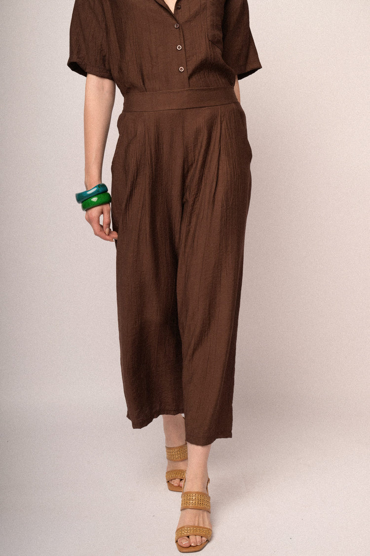 Chocolate crinkled viscose cropped trousers