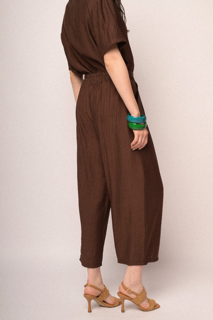 Chocolate crinkled viscose cropped trousers