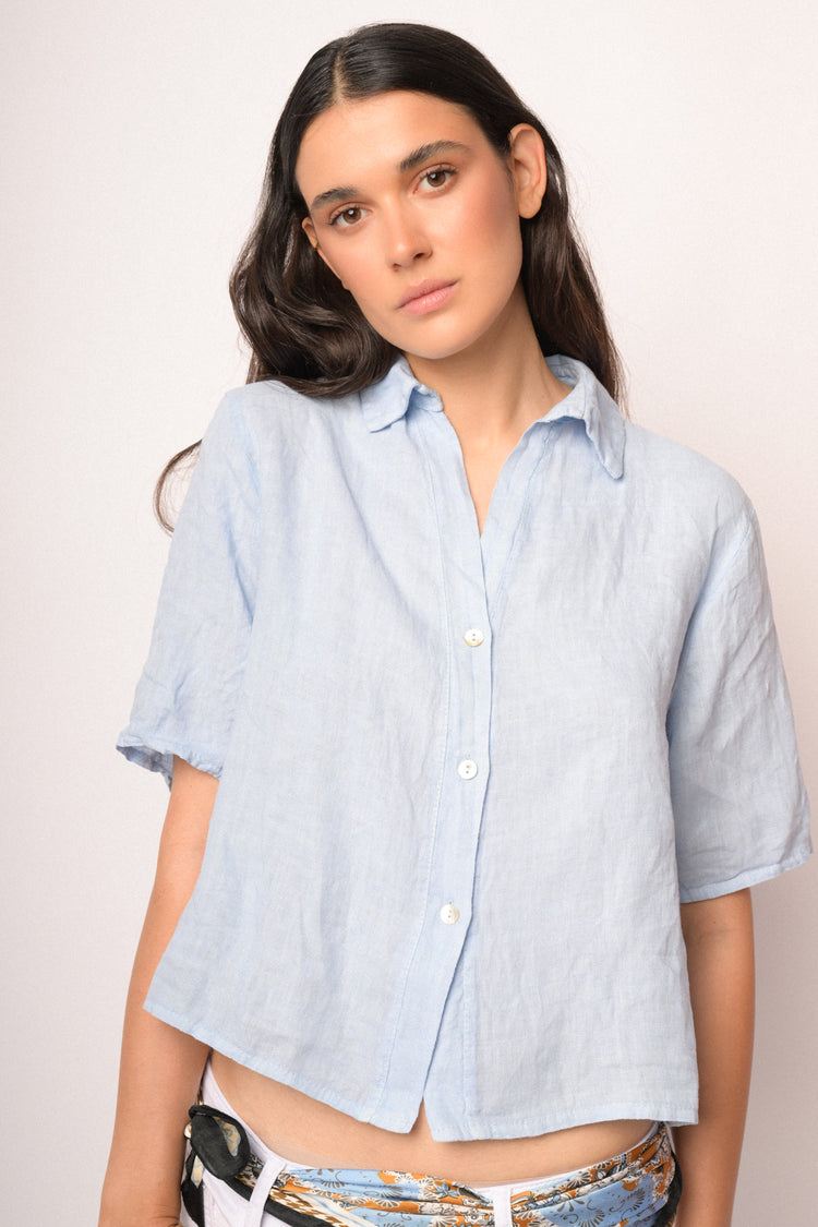 Light blue cropped linen shirt