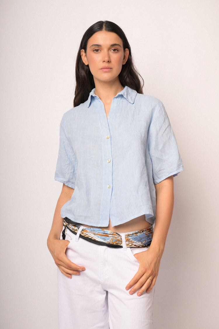 Light blue cropped linen shirt