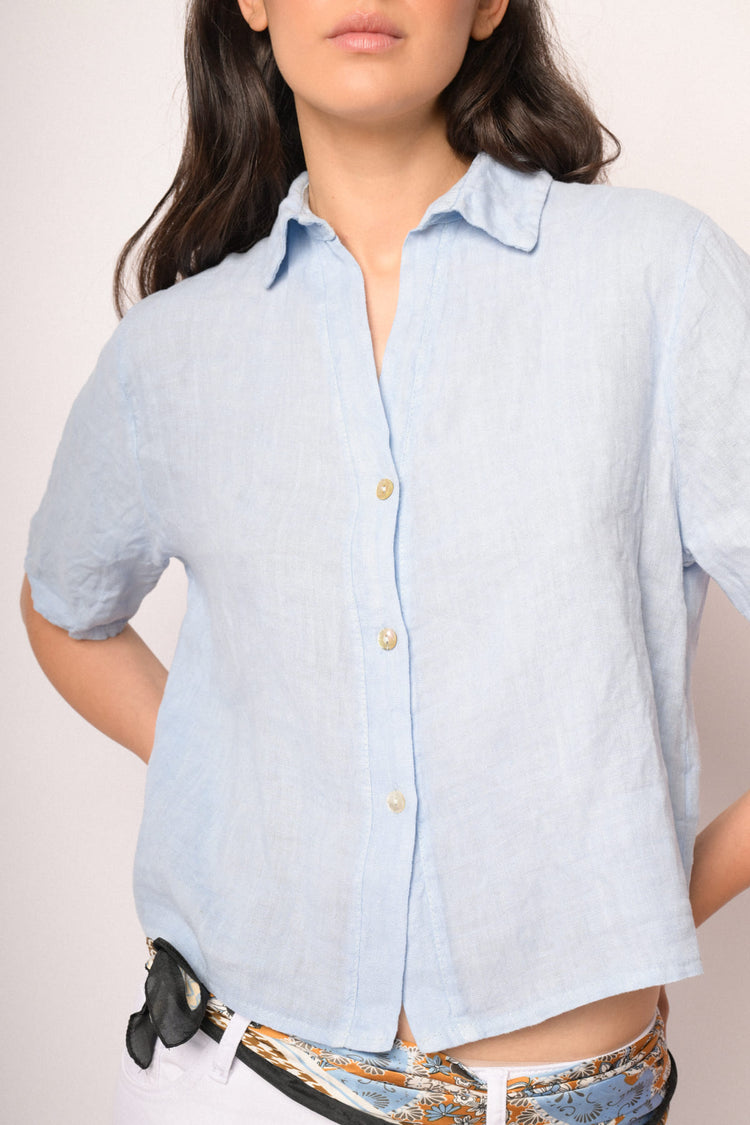Light blue cropped linen shirt