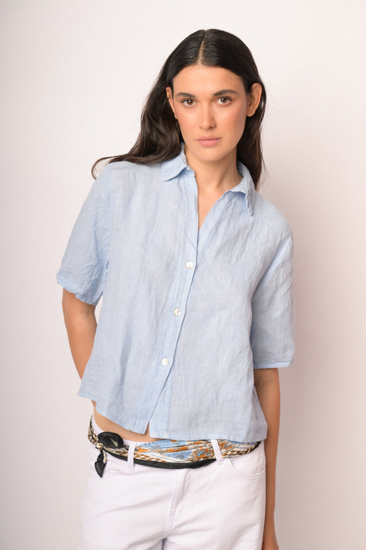 Light blue cropped linen shirt