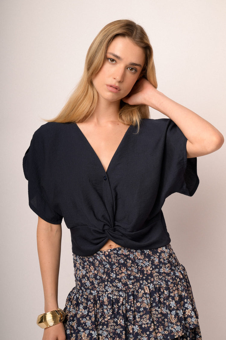 Midnight blue viscose-blend knot cropped top