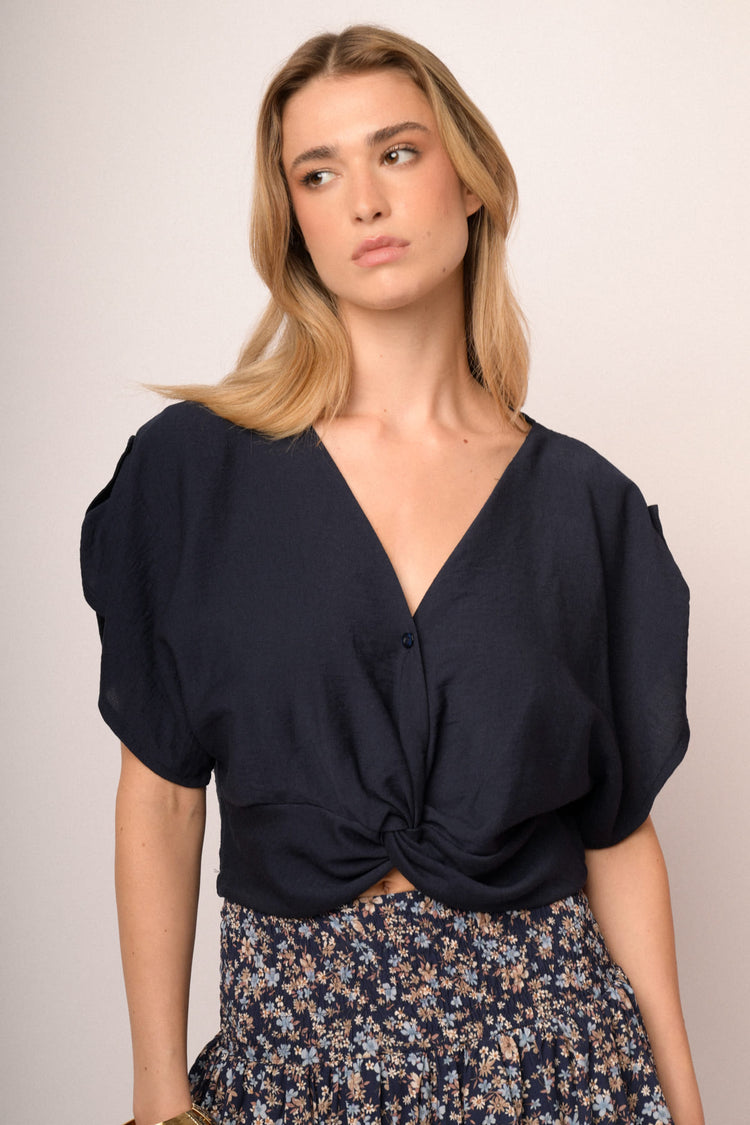 Midnight blue viscose-blend knot cropped top
