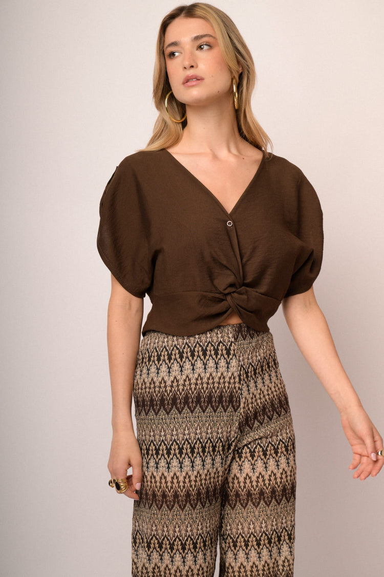 Chocolate viscose-blend knot cropped top