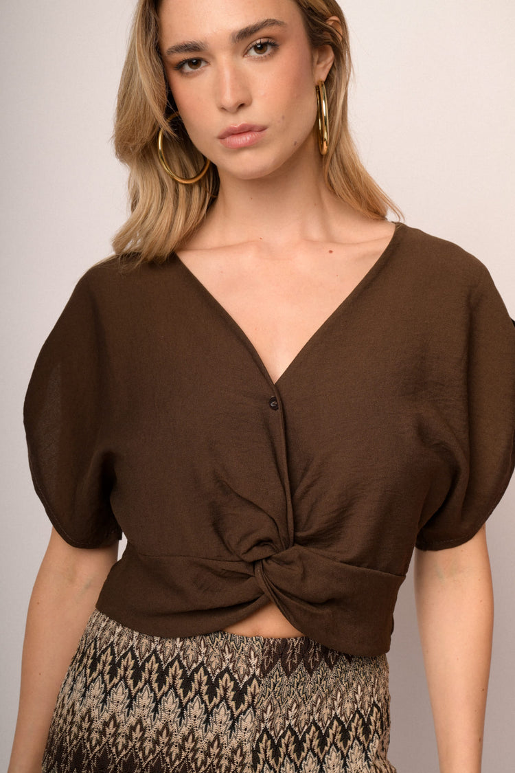 Chocolate viscose-blend knot cropped top
