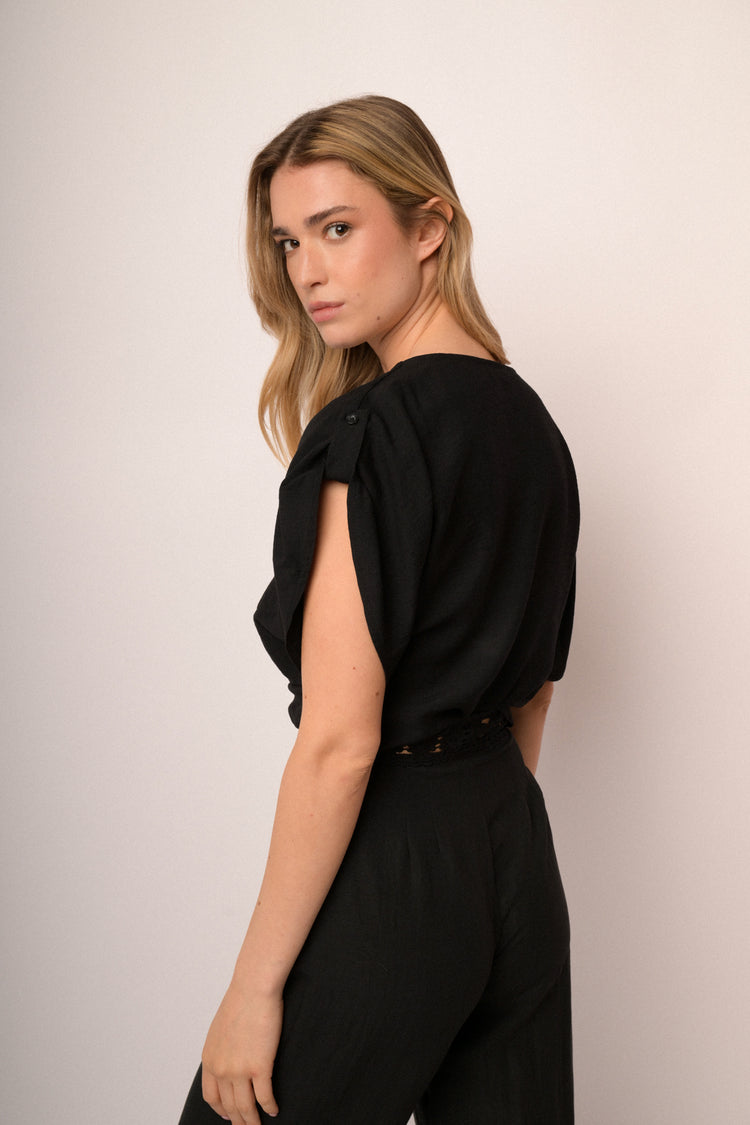 Black viscose-blend knot cropped top