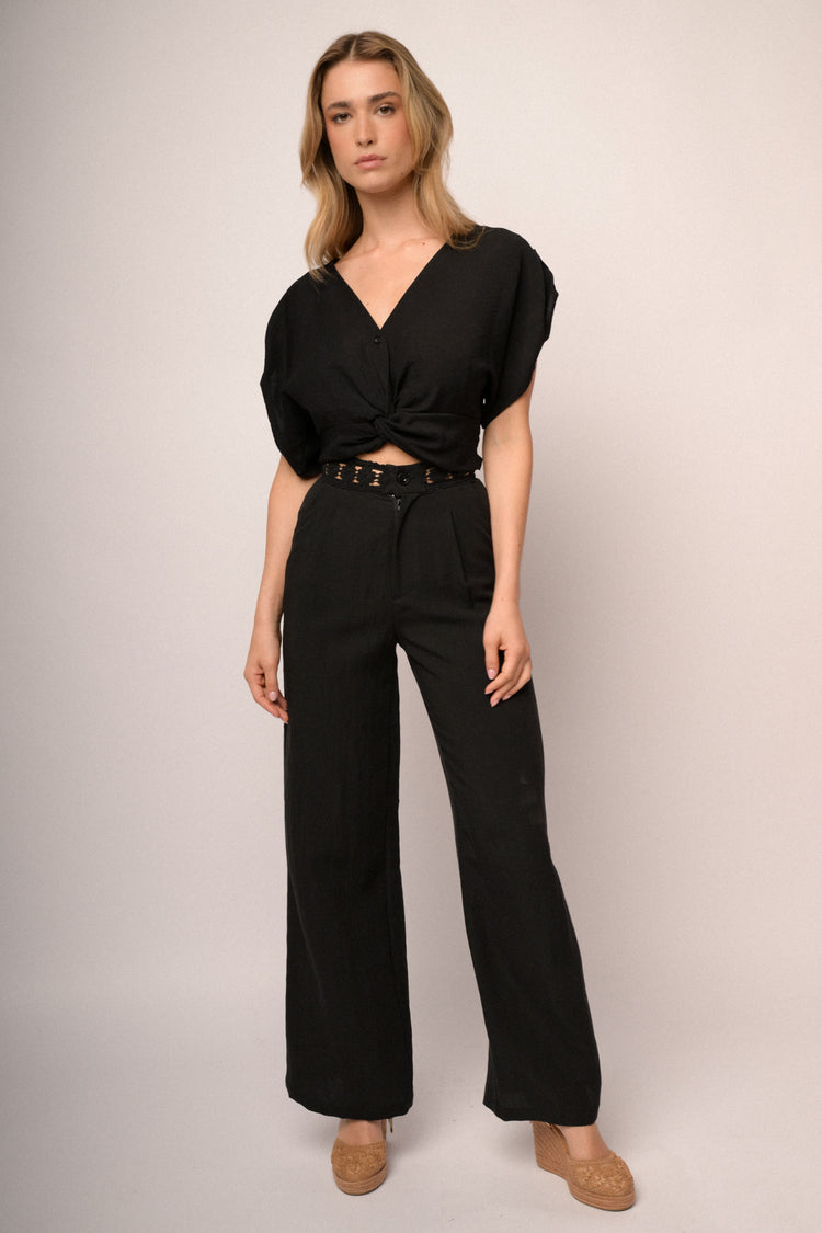 Black viscose-blend knot cropped top
