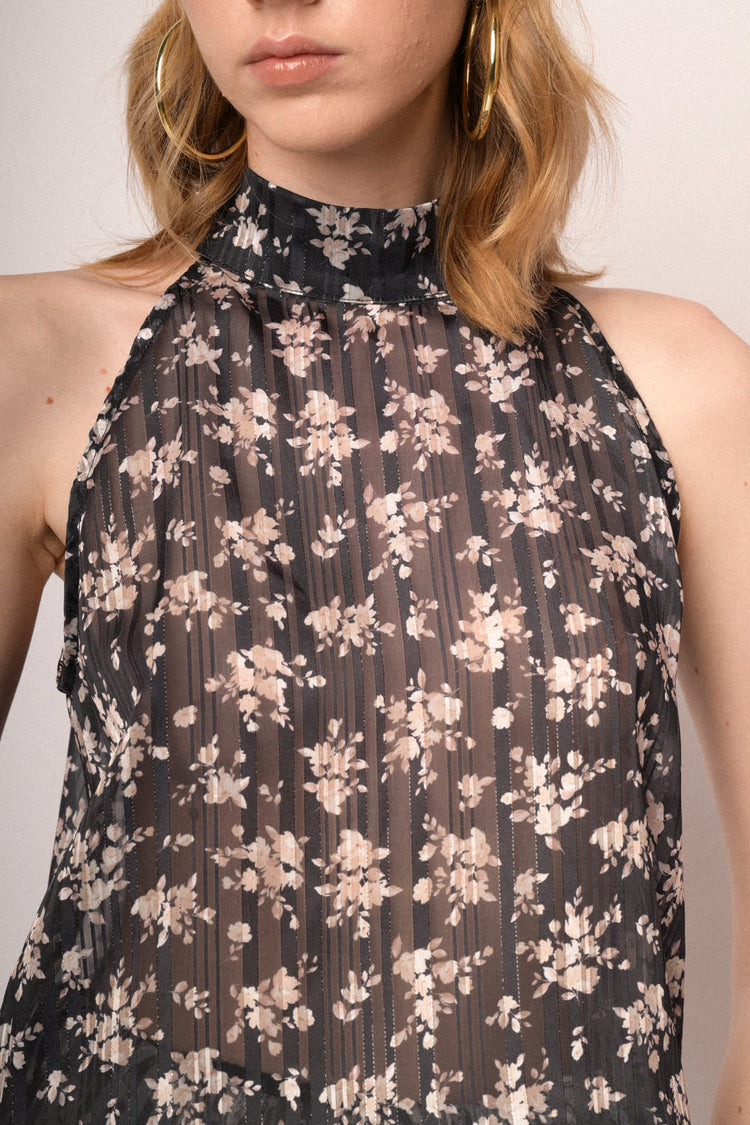 Black floral print lurex georgette halter top