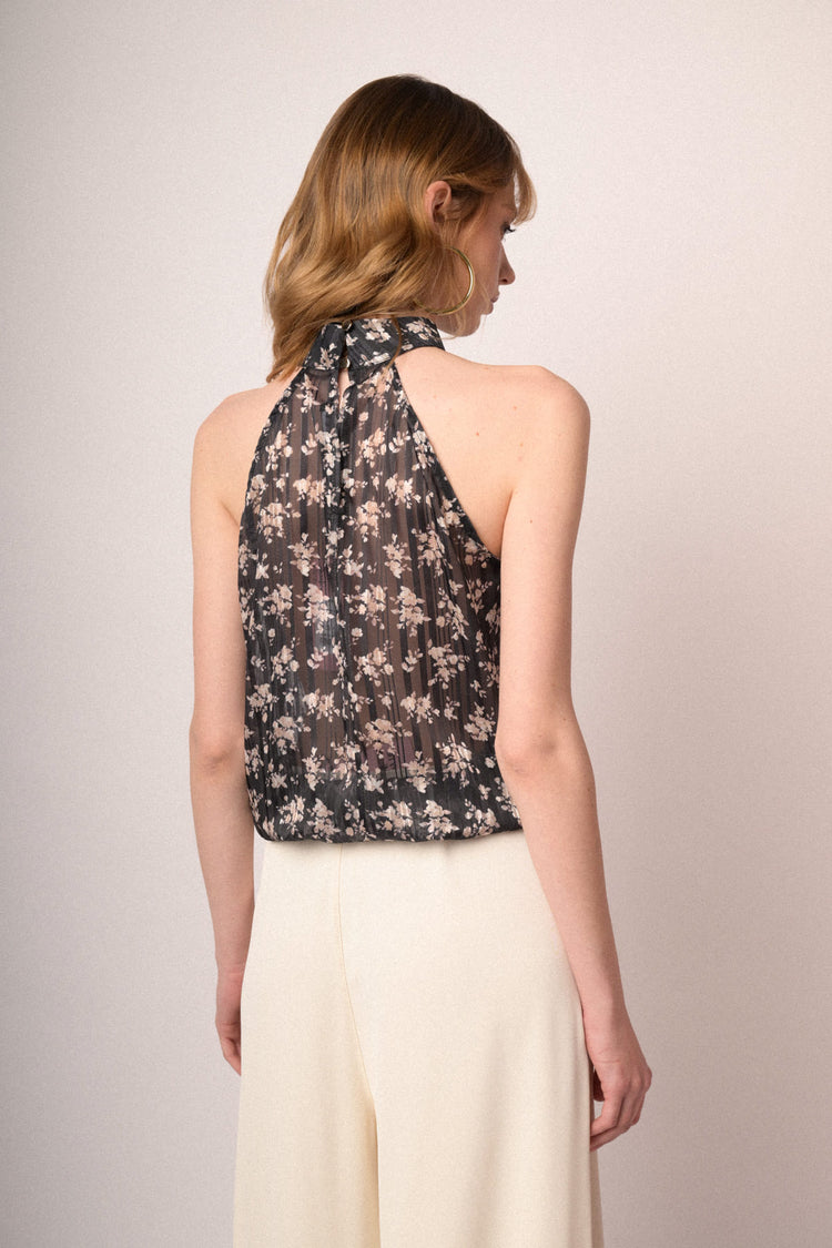 Black floral print lurex georgette halter top