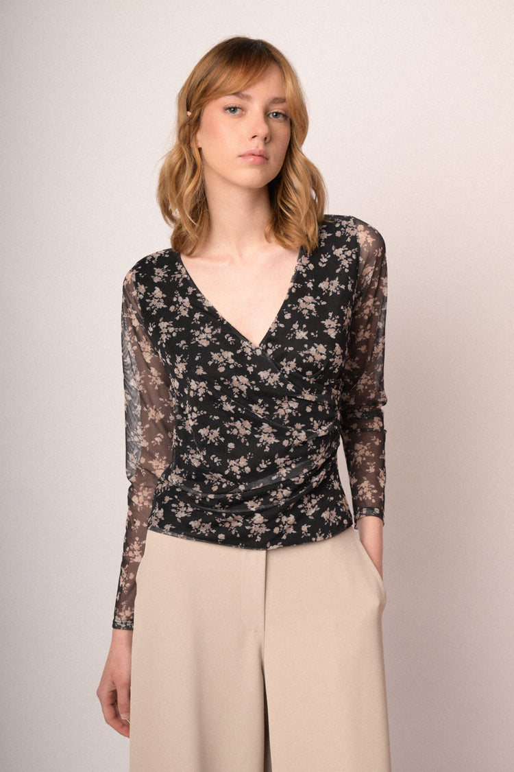Floral print black tulle long-sleeved top
