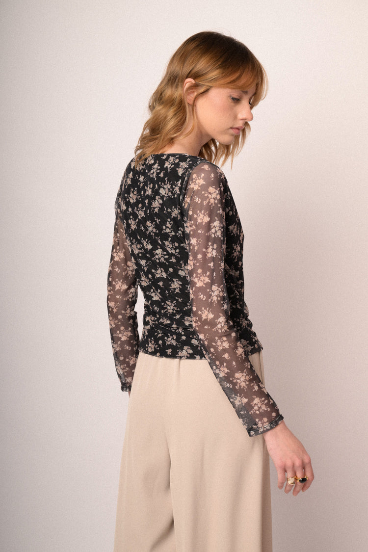 Floral print black tulle long-sleeved top
