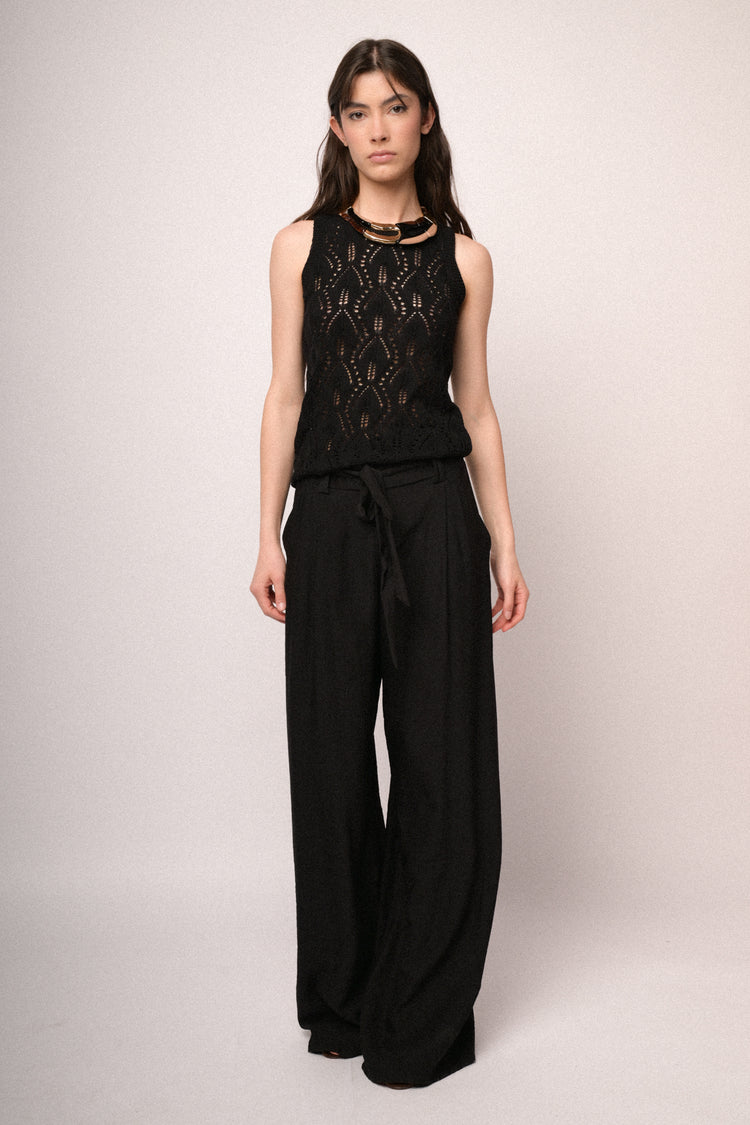 Black viscose belted wide-leg trousers