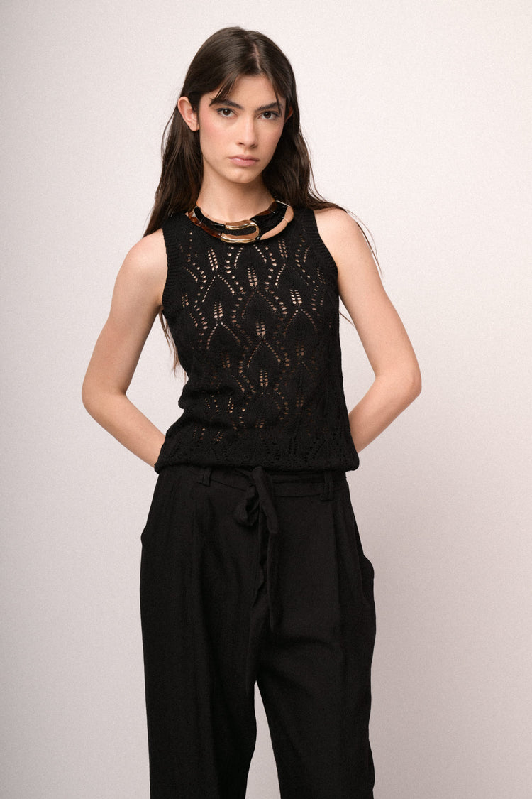 Black viscose belted wide-leg trousers