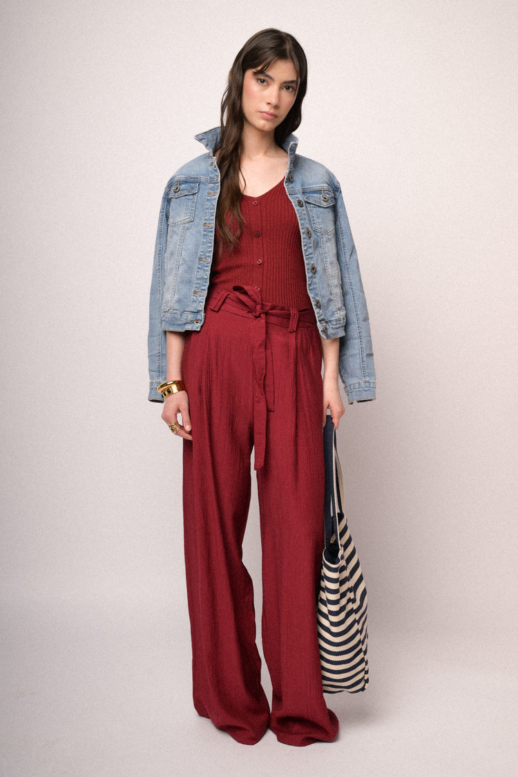 Red viscose belted wide-leg trousers