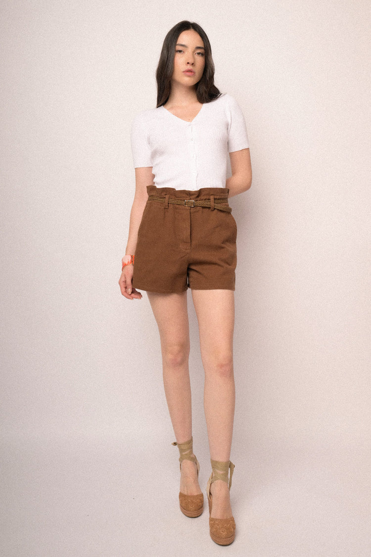 Belted light brown cotton shorts
