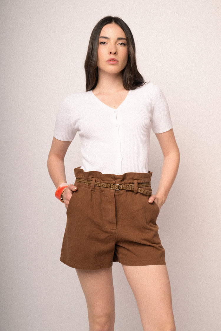 Belted light brown cotton shorts