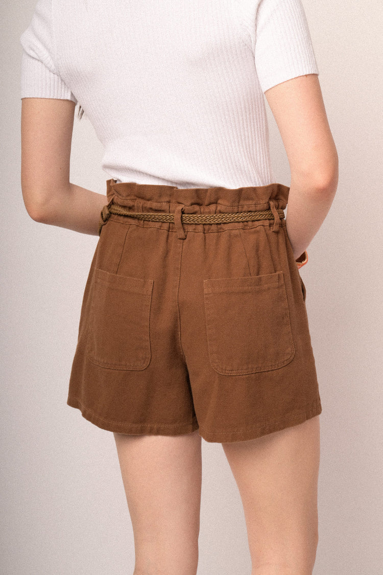 Belted light brown cotton shorts
