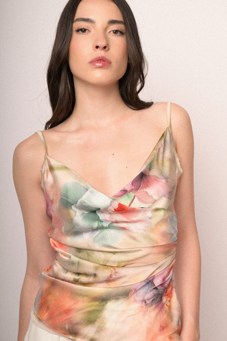 Multicolor floral print satin top