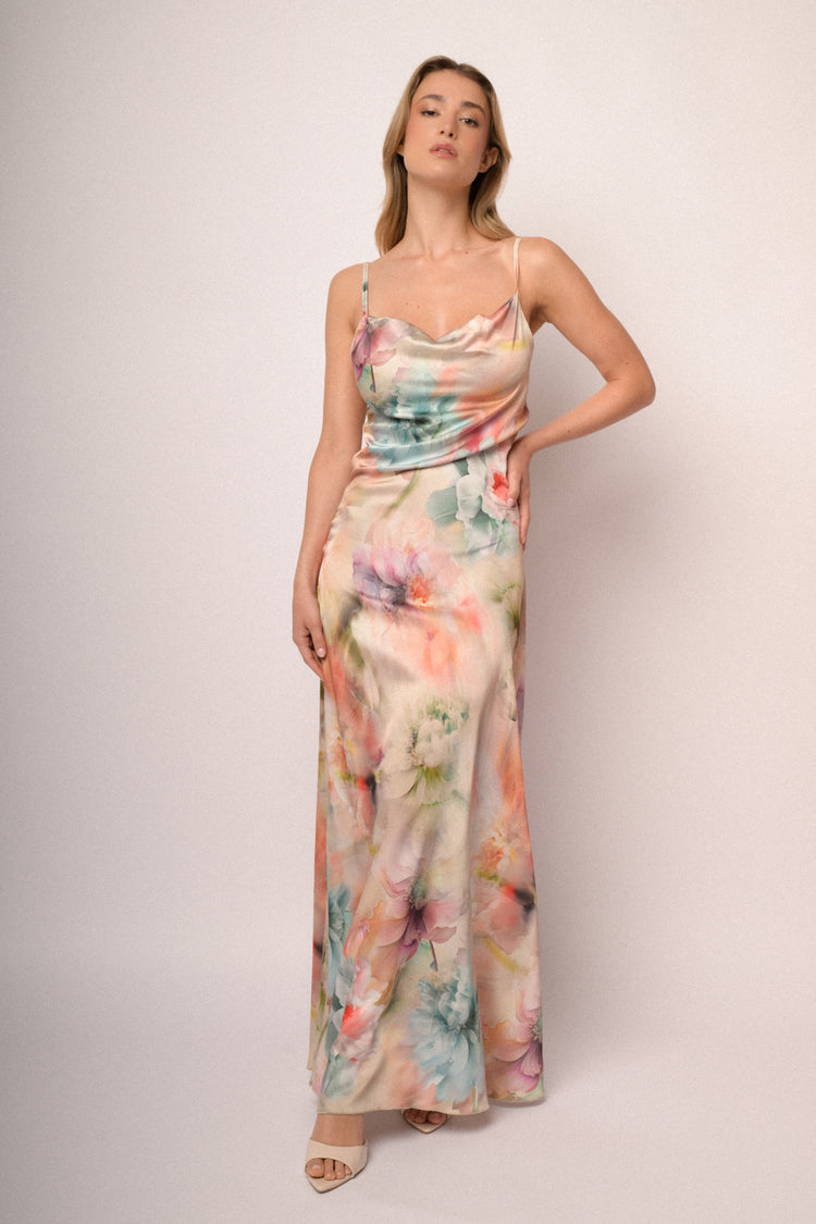 Multicolor floral print satin long dress