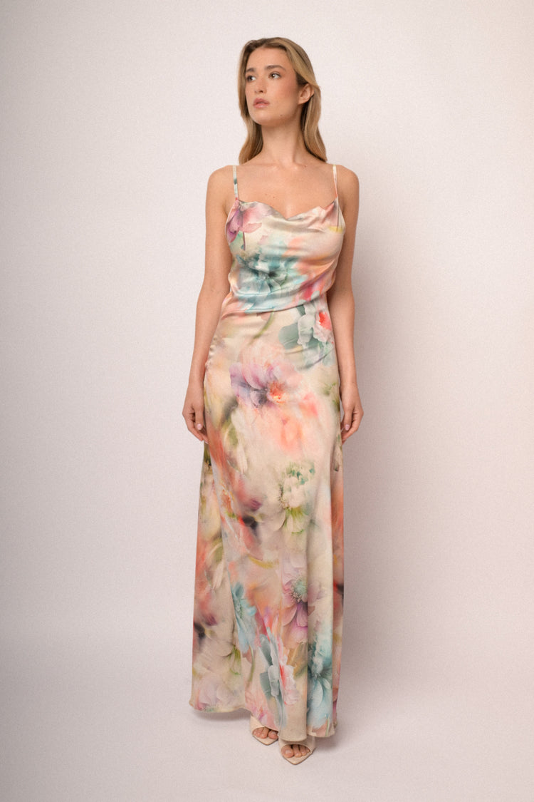 Multicolor floral print satin long dress