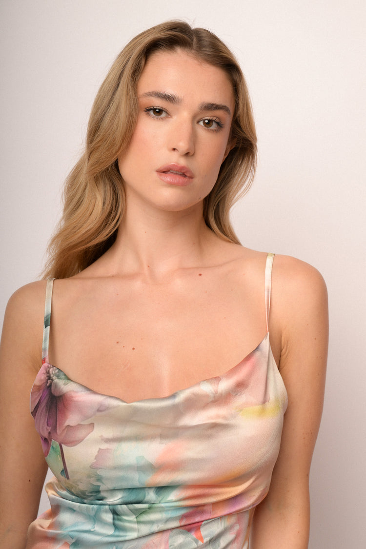 Multicolor floral print satin long dress