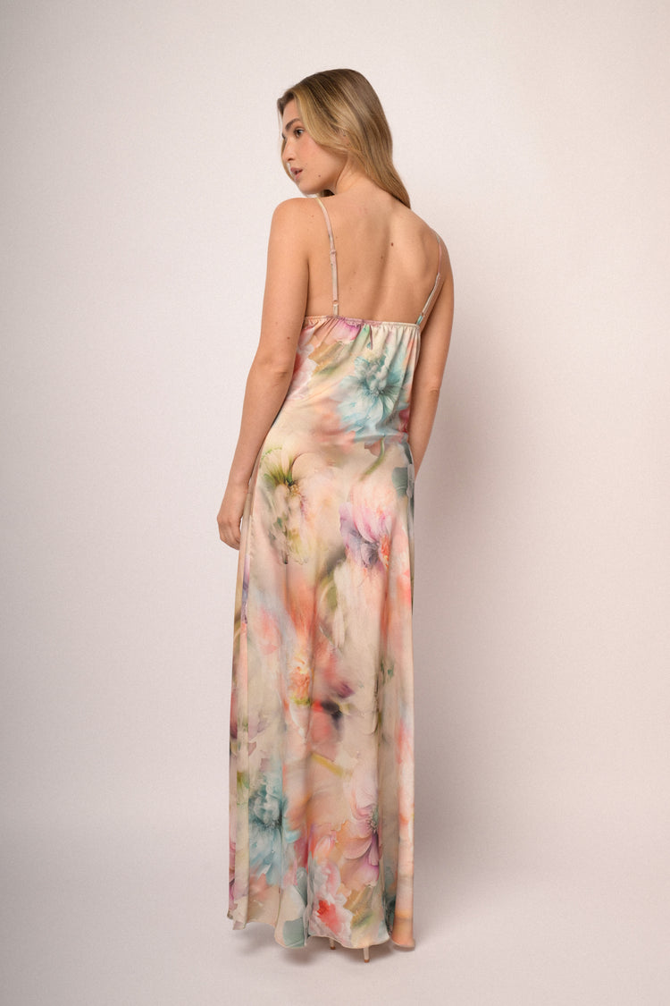 Multicolor floral print satin long dress