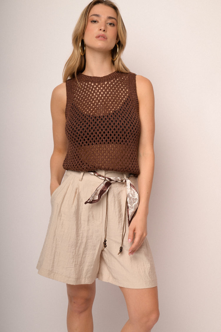 Scarf-belt beige viscose-blend shorts
