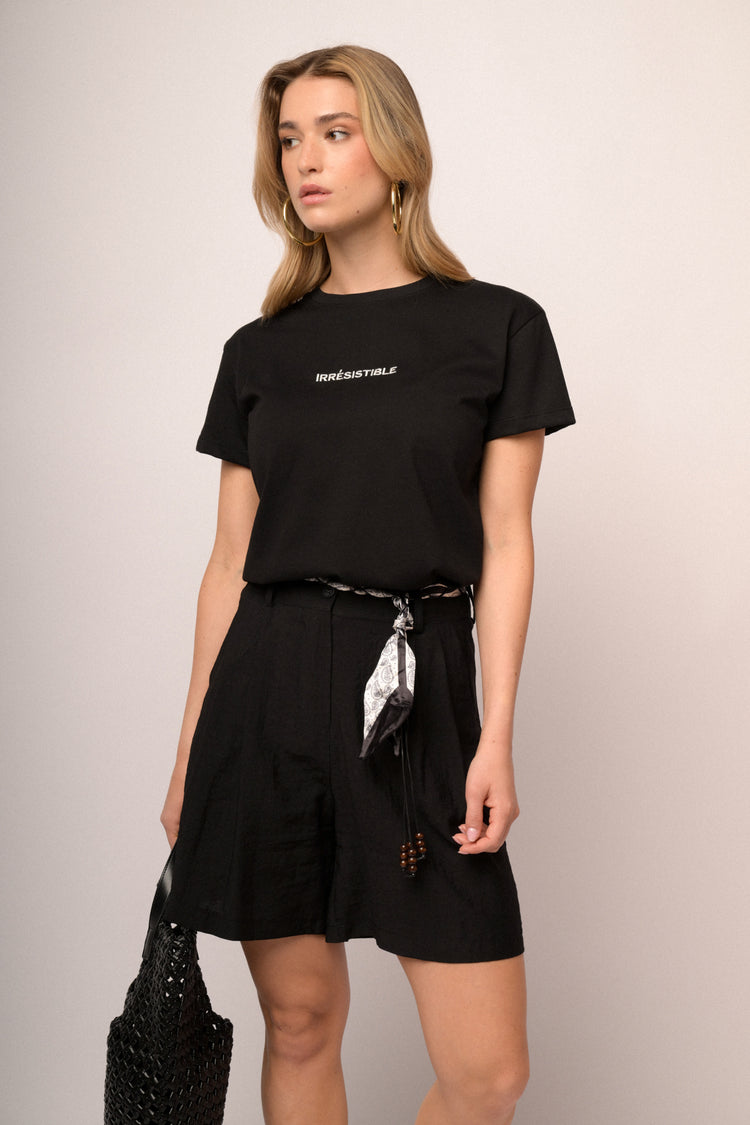 Scarf-belt black viscose-blend shorts