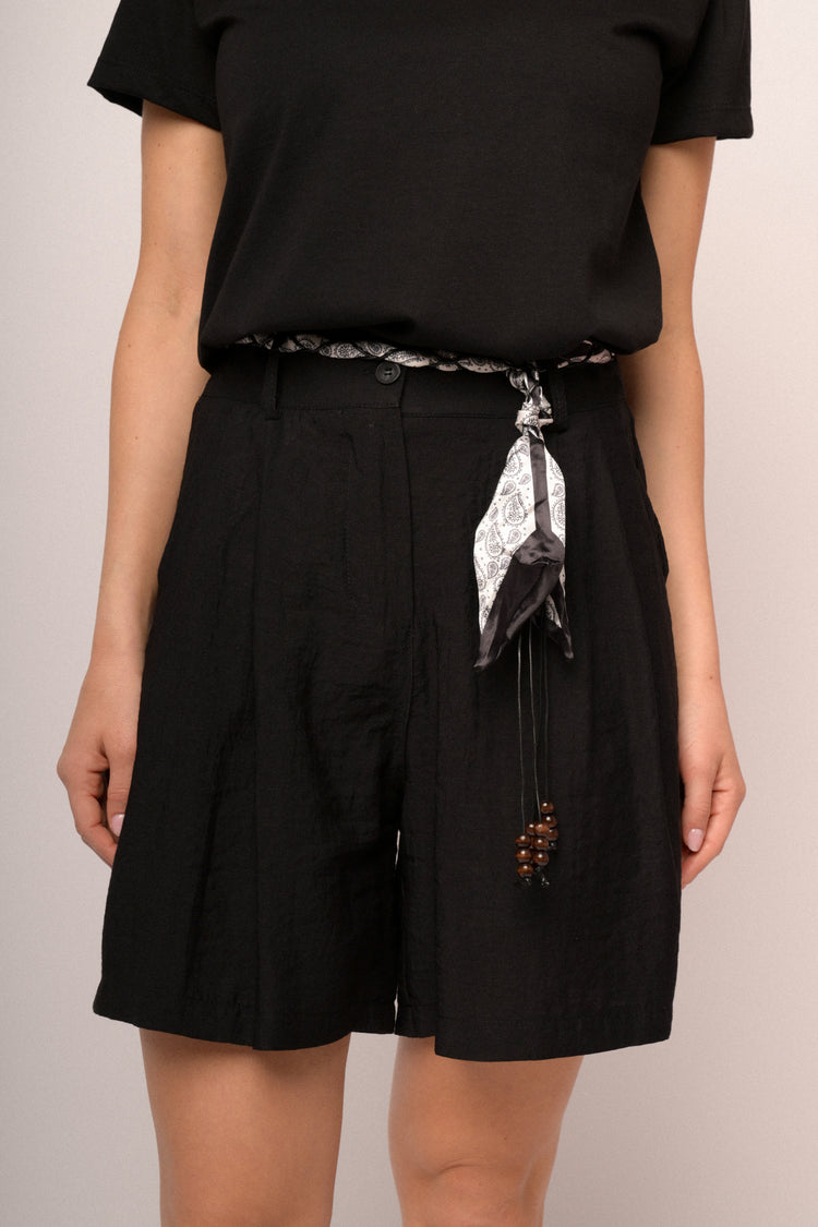 Scarf-belt black viscose-blend shorts