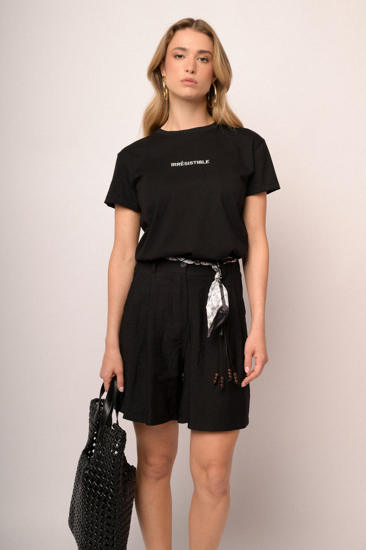 Scarf-belt black viscose-blend shorts