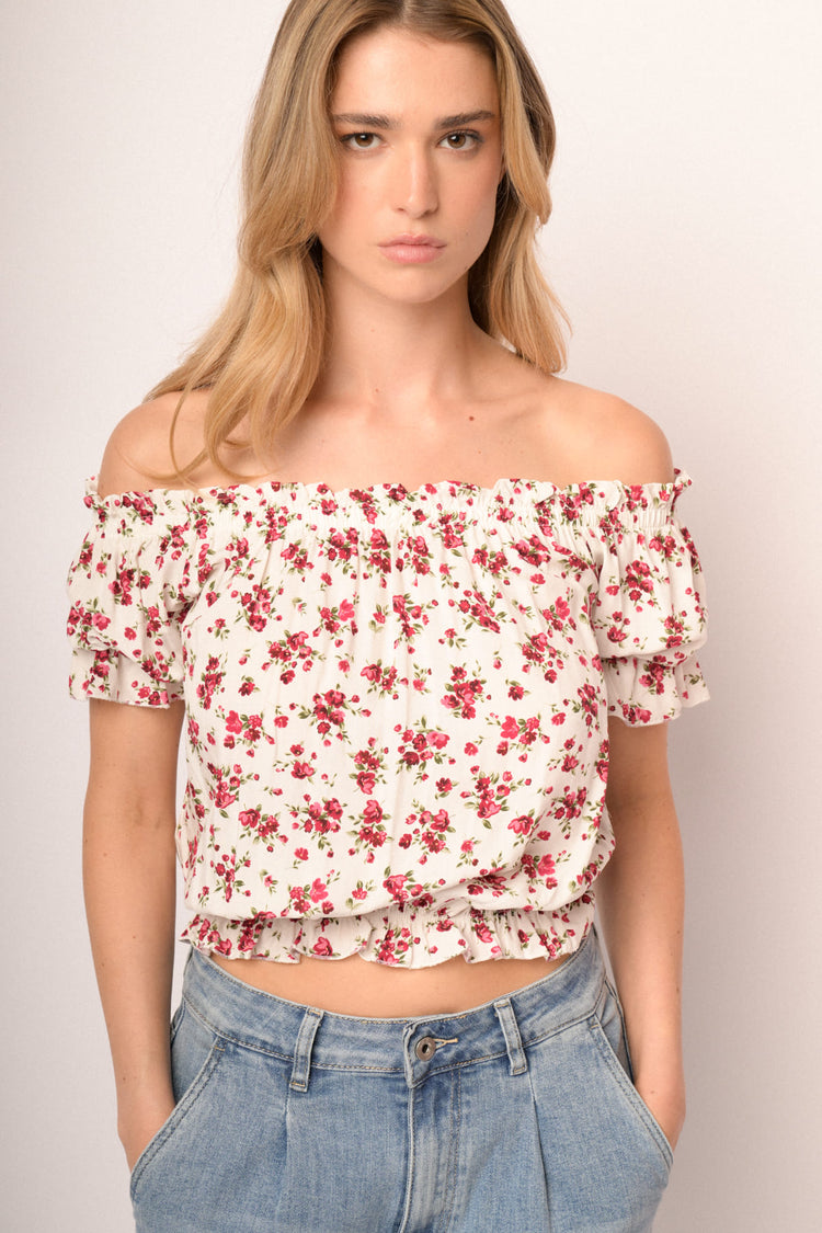 Elasticated edges multicolor floral print viscose top