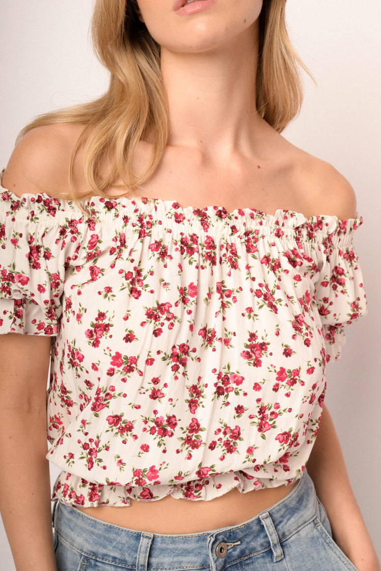 Elasticated edges multicolor floral print viscose top