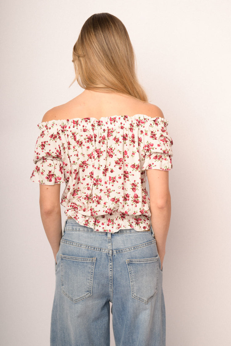 Elasticated edges multicolor floral print viscose top