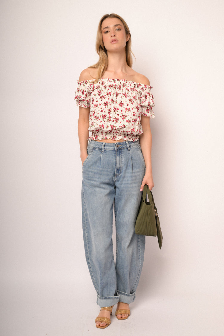 Elasticated edges multicolor floral print viscose top