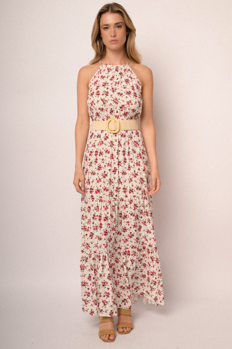 White floral print viscose belted halter maxi dress