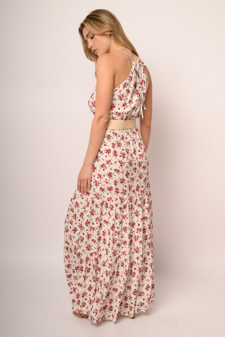 White floral print viscose belted halter maxi dress