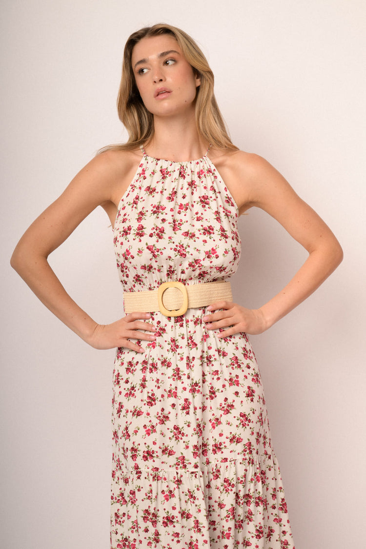 White floral print viscose belted halter maxi dress