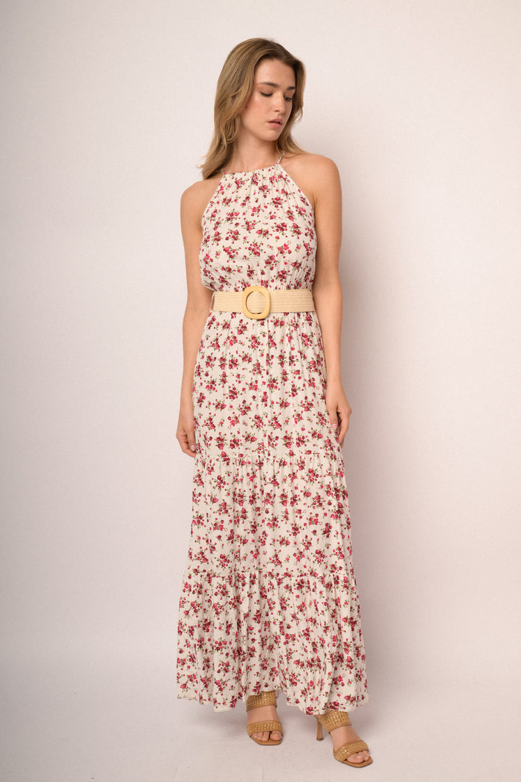 White floral print viscose belted halter maxi dress