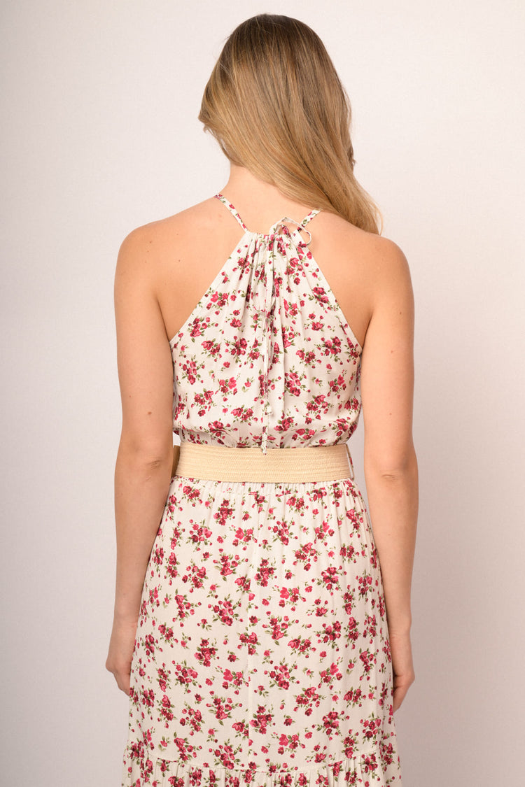 White floral print viscose belted halter maxi dress