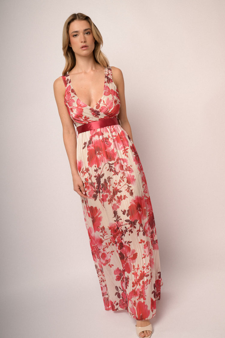 Multicolor floral print belted long dress
