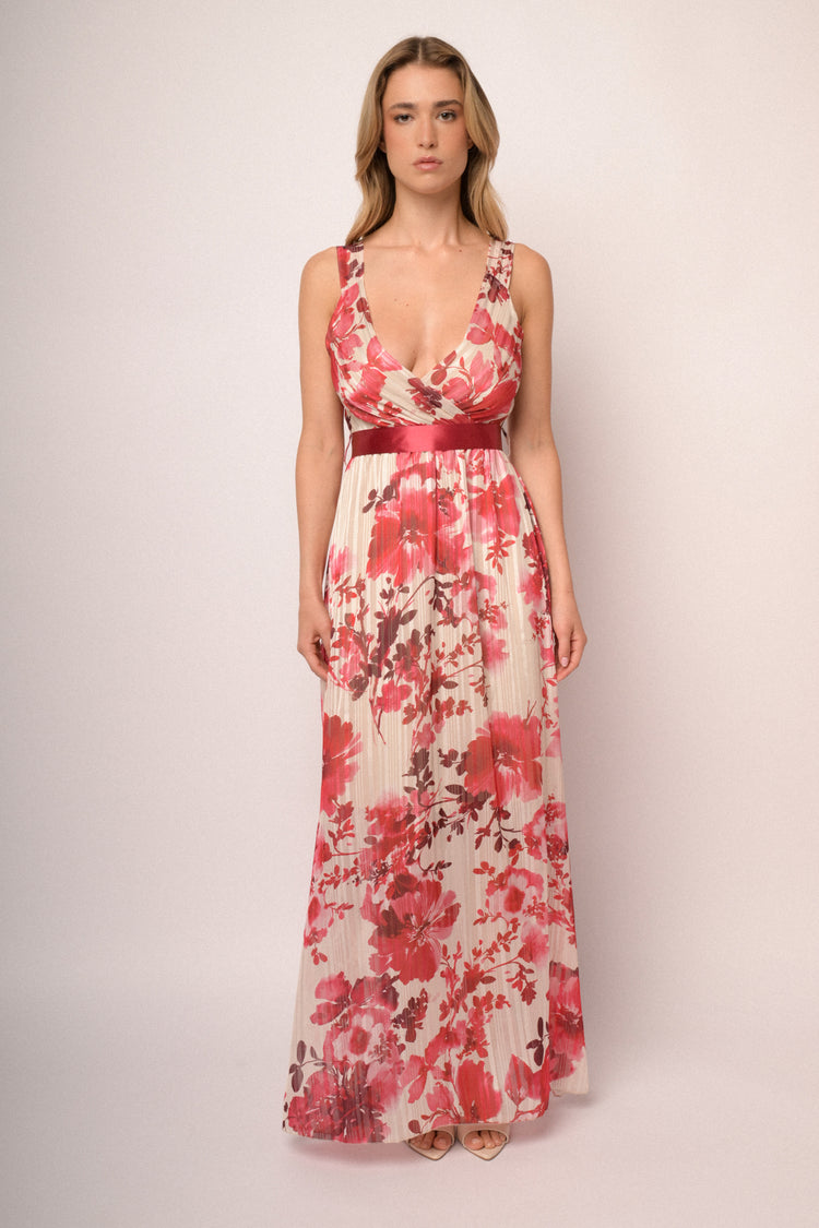 Multicolor floral print belted long dress