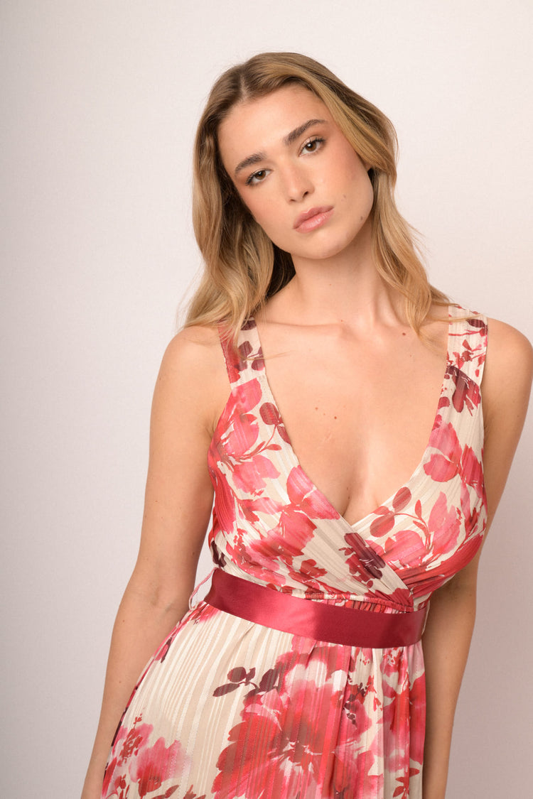 Multicolor floral print belted long dress