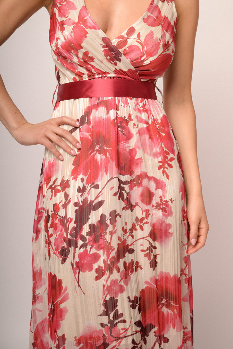 Multicolor floral print belted long dress